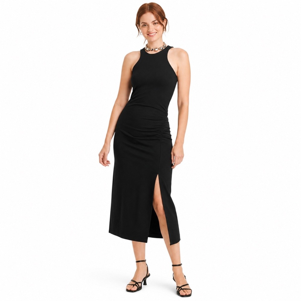 A New Day Ponte Dress Women XL Black NEW Racerback Ruched Waist Slit 343-08-0135